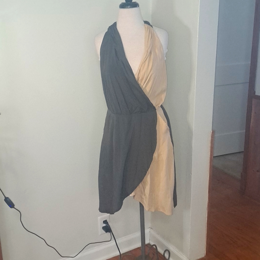Harlyn 100% silk faux wrap color block racerback dress